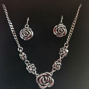 925 Sterling Silver Rose Necklace and Earring Set. Vintage French Style Rose